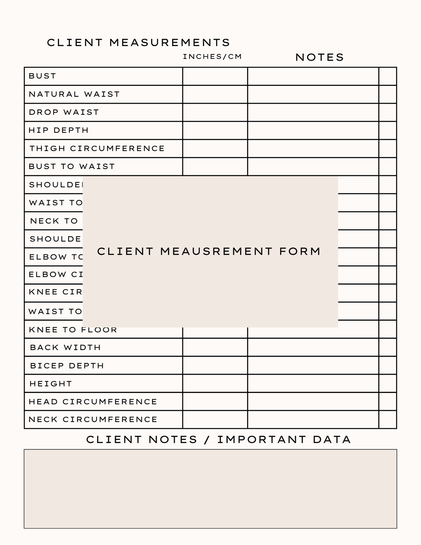The Sewing Studio Client Measurements Form
