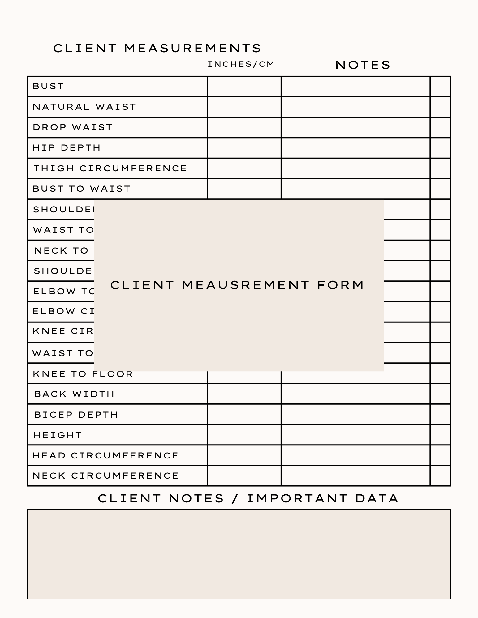 The Sewing Studio Client Measurements Form