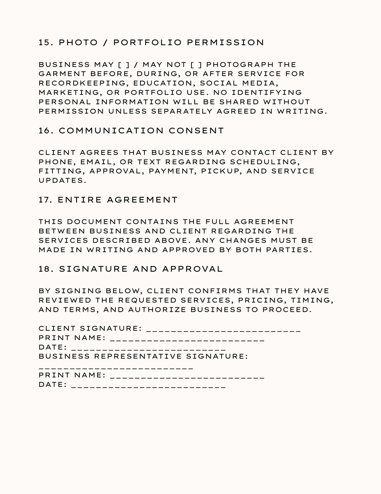 The Sewing Studio Legal Agreement