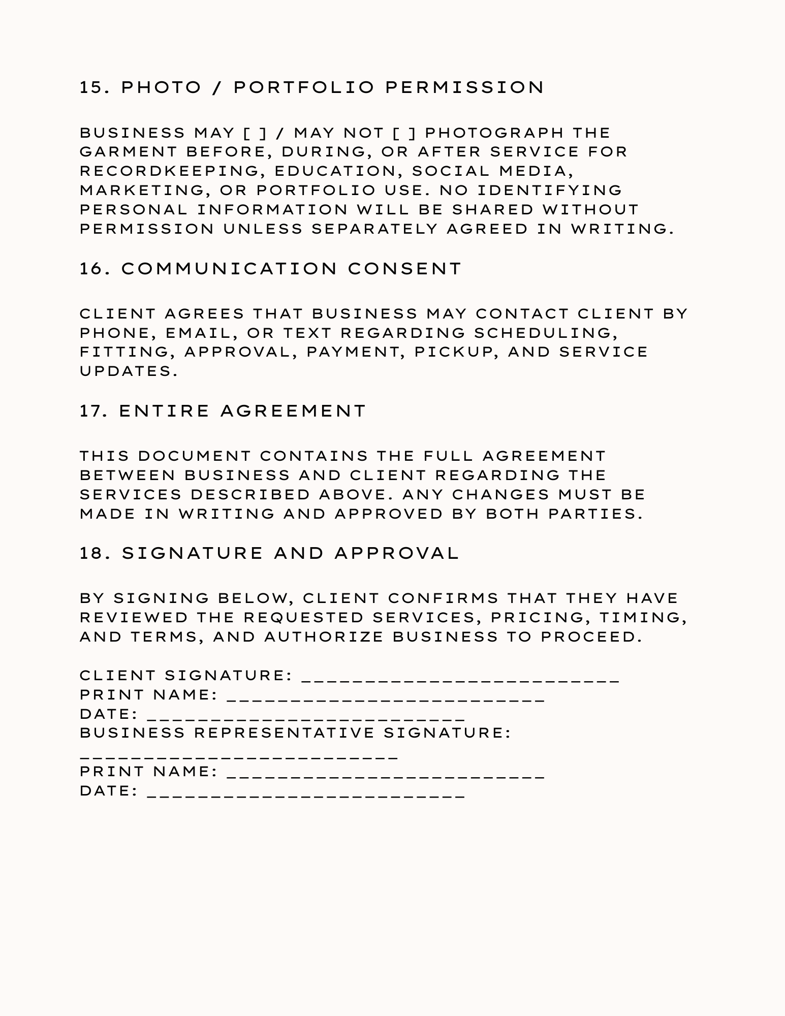 The Sewing Studio Legal Agreement
