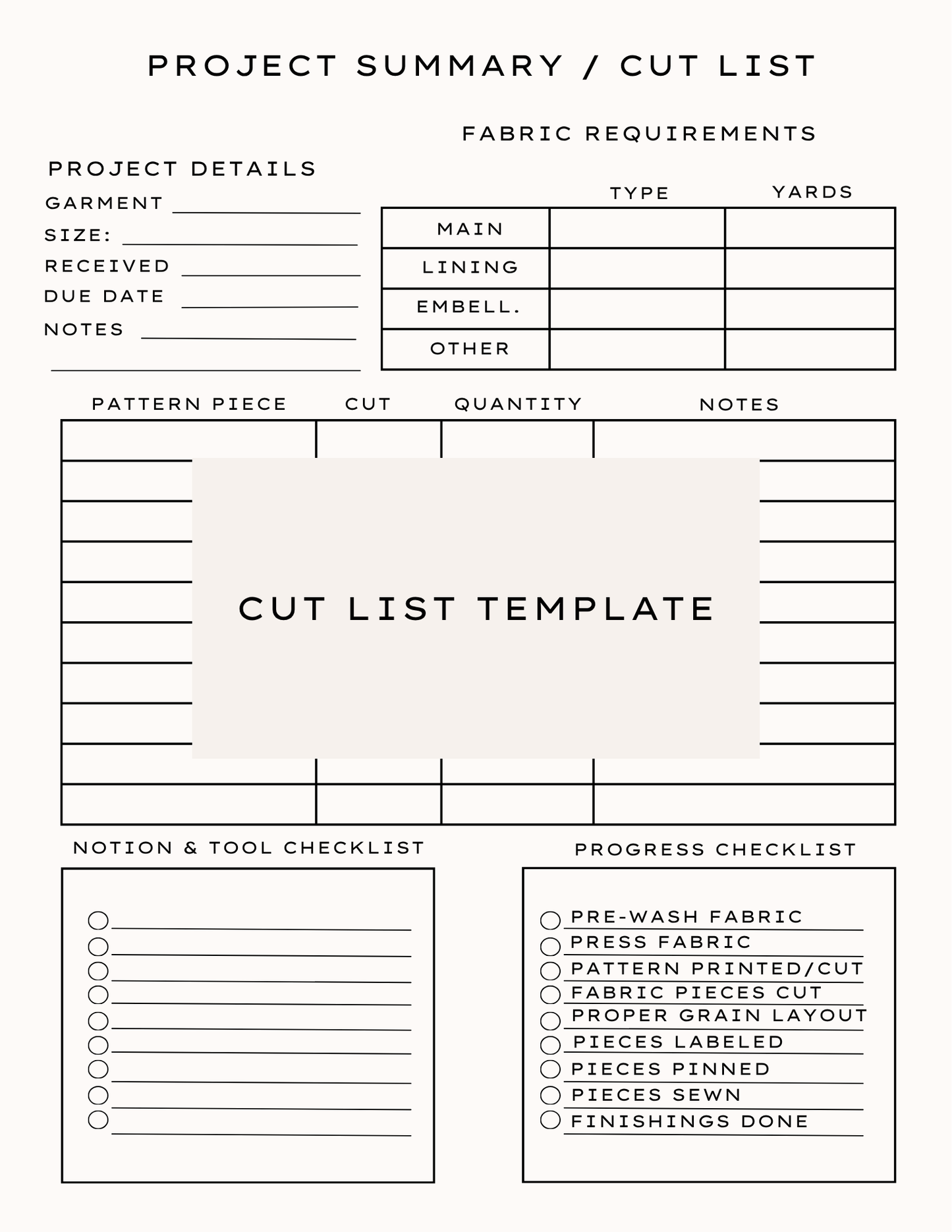 The Sewing Studio Cut List Template