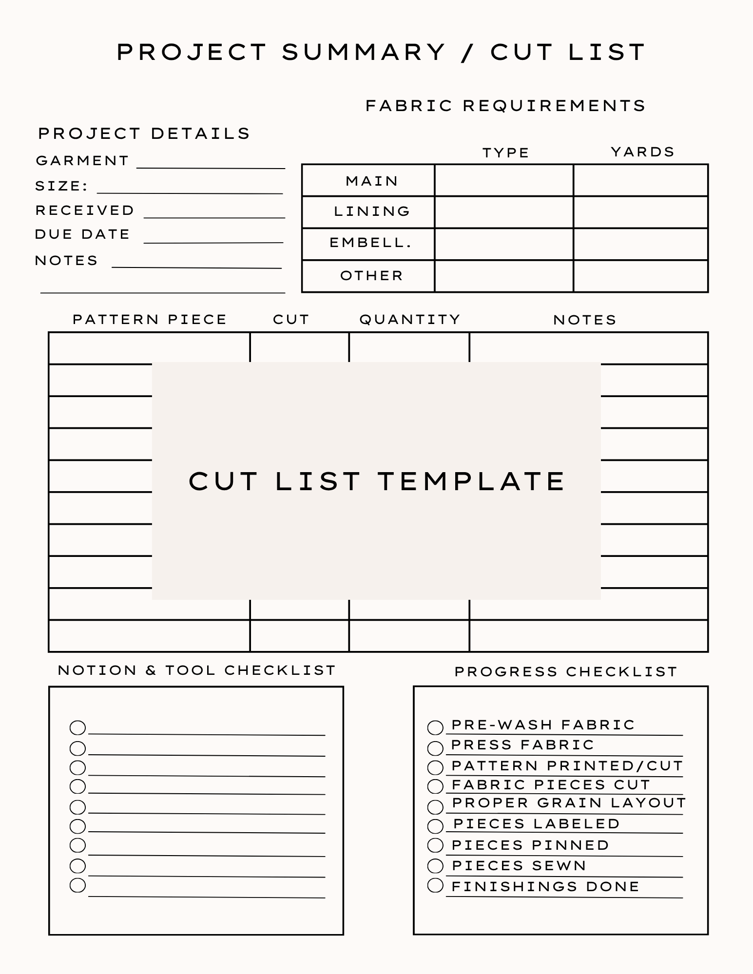 The Sewing Studio Cut List Template